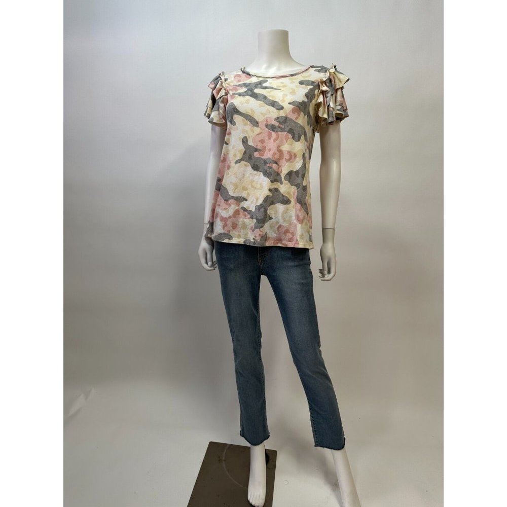 Spice Rose Multi-Color Camouflage Ruffle Short Sleeve Shirt